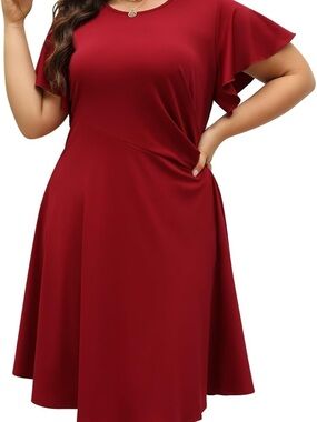 Plus-Size Burgundy Midi Dress with Flutter Sleeves